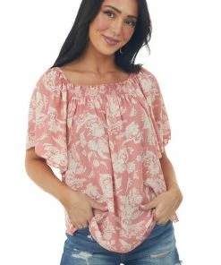 HESED Tops Coral Floral Swiss Dot Short Flutter Sleeve Top