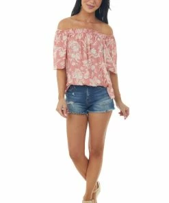 HESED Tops Coral Floral Swiss Dot Short Flutter Sleeve Top