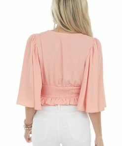 Entro Coral Flutter Sleeve Smocked Peplum Blouse Tops