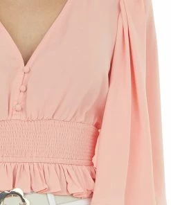 Entro Coral Flutter Sleeve Smocked Peplum Blouse Tops