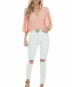 Entro Coral Flutter Sleeve Smocked Peplum Blouse Tops