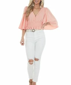 Entro Coral Flutter Sleeve Smocked Peplum Blouse Tops