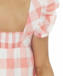 Entro Coral Gingham Square Neck A Line Woven Dress Dresses