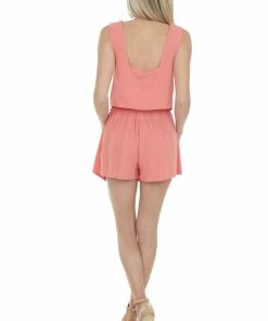 Umgee Coral Linen Square Neck Cropped Tank Top Tops
