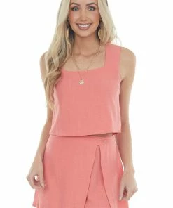 Umgee Coral Linen Square Neck Cropped Tank Top Tops