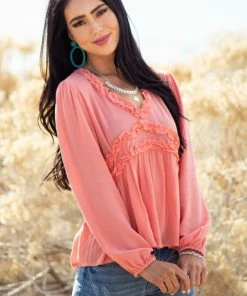Peach Love Tops Coral Long Puff Sleeve Babydoll Top With Ruffle Detail