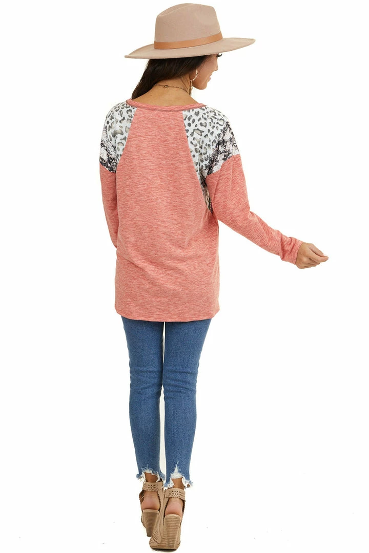 BiBi Tops Coral Long Sleeve Top With Leopard And Snakeskin Print 9 BiBi Tops Coral Long Sleeve Top With Leopard And Snakeskin Print