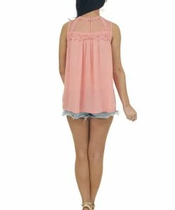 Hailey & Co Tank Tops Coral Mesh Yoke Crochet Lace Crinkle Blouse