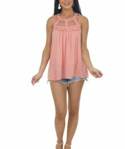 Hailey & Co Tank Tops Coral Mesh Yoke Crochet Lace Crinkle Blouse