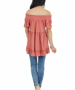 Easel Tops Coral Off Shoulder Tiered Tunic Top With Short Sleeves
