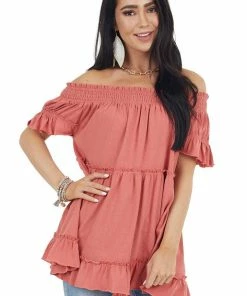Easel Tops Coral Off Shoulder Tiered Tunic Top With Short Sleeves