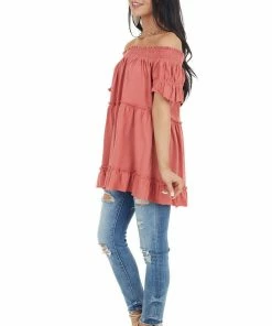 Easel Tops Coral Off Shoulder Tiered Tunic Top With Short Sleeves
