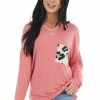 CY Fashion Coral Open Back Knit Top With Leopard Print Front Pocket