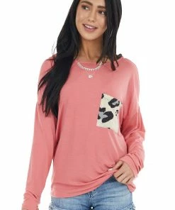 CY Fashion Coral Open Back Knit Top With Leopard Print Front Pocket