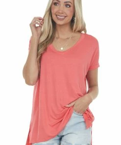 ANGIE Coral Oversized V Neck Short Sleeve Top