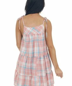 Entro Dresses Coral Plaid Tied Strap Tiered Woven Mini Dress