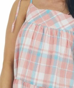 Entro Dresses Coral Plaid Tied Strap Tiered Woven Mini Dress