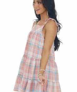 Entro Dresses Coral Plaid Tied Strap Tiered Woven Mini Dress