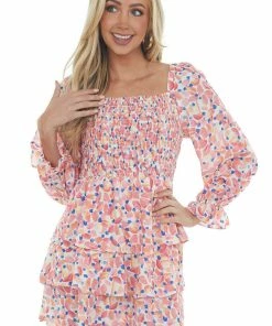 Jodifl Coral Printed Smocked Tiered Ruffle Dress Dresses