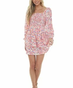 Jodifl Coral Printed Smocked Tiered Ruffle Dress Dresses 18 Jodifl Coral Printed Smocked Tiered Ruffle Dress Dresses