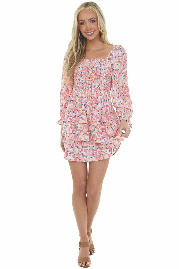 Jodifl Coral Printed Smocked Tiered Ruffle Dress Dresses 6 Jodifl Coral Printed Smocked Tiered Ruffle Dress Dresses