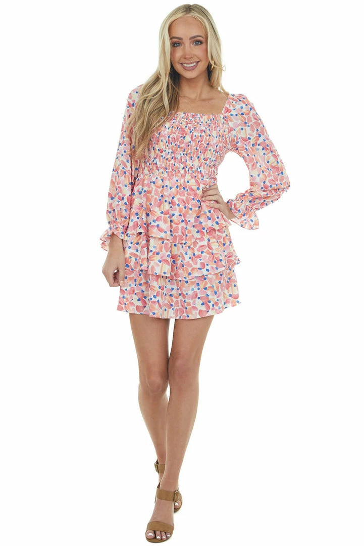Jodifl Coral Printed Smocked Tiered Ruffle Dress Dresses 5 Jodifl Coral Printed Smocked Tiered Ruffle Dress Dresses