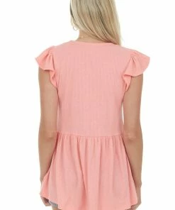 Staccato Coral Ruffle Cap Sleeve Babydoll Ribbed Top