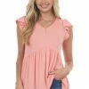 Staccato Coral Ruffle Cap Sleeve Babydoll Ribbed Top