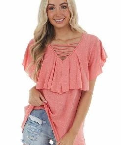 HEIMISH Coral Short Sleeve Caged Neck Overlaying Top Tops