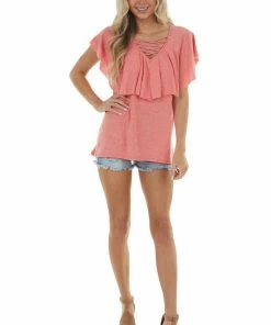 HEIMISH Coral Short Sleeve Caged Neck Overlaying Top Tops