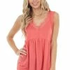 Hailey & Co Coral Sleeveless Drop Waist Top With Eyelash Lace Straps Tops