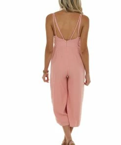 Main Strip Coral Sleeveless Jumpsuit With Lace Details On Waist