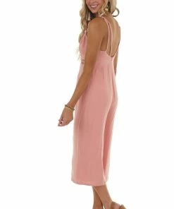 Main Strip Coral Sleeveless Jumpsuit With Lace Details On Waist