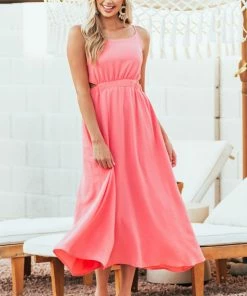 She + Sky Dresses Coral Sleeveless Side Cutout Midi Dress With Tie