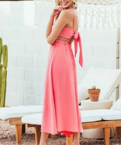 She + Sky Dresses Coral Sleeveless Side Cutout Midi Dress With Tie
