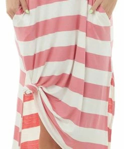 HESED Coral Striped Side Slit Knit Dress With Pockets