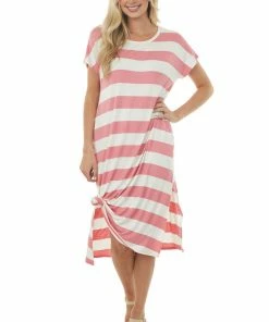 HESED Coral Striped Side Slit Knit Dress With Pockets