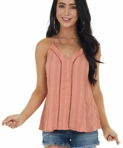Lush Clothing Tops Coral Striped Textured Sleeveless Top With Peekaboo Detail