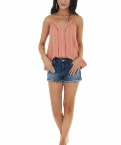 Lush Clothing Tops Coral Striped Textured Sleeveless Top With Peekaboo Detail