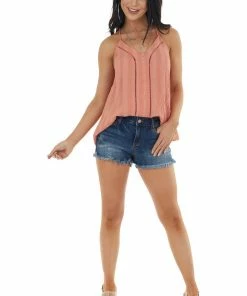 Lush Clothing Tops Coral Striped Textured Sleeveless Top With Peekaboo Detail