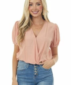 Heyson Coral Surplice Short Puff Sleeve Woven Bodysuit