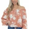 Ces Femme Coral Tropical Floral Print Off Shoulder Top Tops