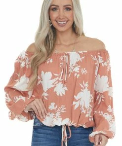 Ces Femme Coral Tropical Floral Print Off Shoulder Top Tops