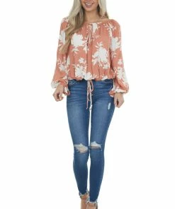 Ces Femme Coral Tropical Floral Print Off Shoulder Top Tops