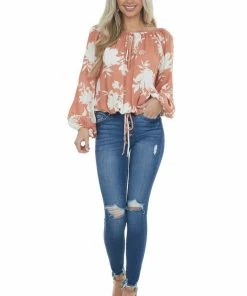Ces Femme Coral Tropical Floral Print Off Shoulder Top Tops