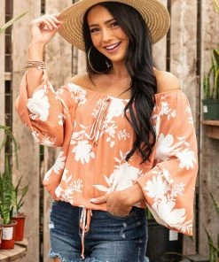 Ces Femme Coral Tropical Floral Print Off Shoulder Top Tops