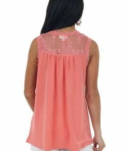 143 Story Tops Coral V Neck Knit Tank Top With Lace Details