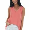 143 Story Tops Coral V Neck Knit Tank Top With Lace Details