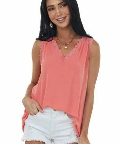 143 Story Tops Coral V Neck Knit Tank Top With Lace Details