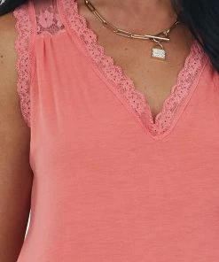 143 Story Tops Coral V Neck Knit Tank Top With Lace Details